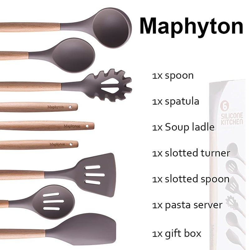 Maphyton Mapthon Silicone Cooking Kitchen Utensils Set 6 PCS with Wooden Handle for Non-Sticker Cookware Heat-Resistant Kitchen Gadgets Serving Spoons, Slotted Turner, Spatula, Spaghetti Server(Grey) - Image 4